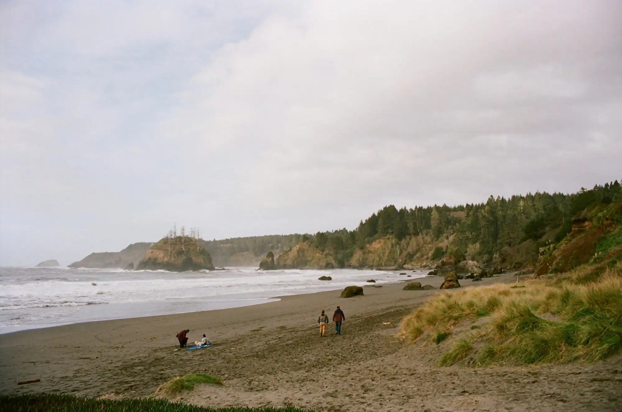 People walking on a wide beach toward rocky sea stacks and a forested headland on an overcast day
