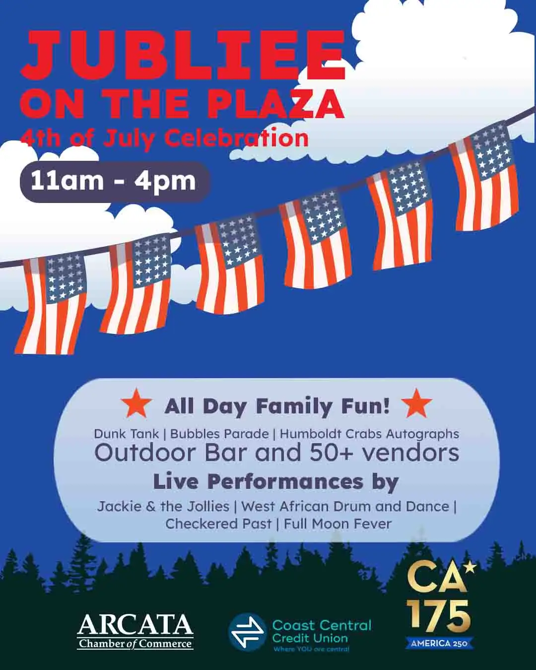 Flyer for Jubilee on the Plaza, a 4th of July celebration, 11 am to 4 pm. All-day family fun: dunk tank, bubbles parade, Humboldt Crabs autographs, outdoor bar and 50+ vendors. Live performances by Jackie & the Jollies, West African Drum and Dance, Checkered Past, and Full Moon Fever. Logos for the Arcata Chamber of Commerce, Coast Central Credit Union, and CA 175 America 250.